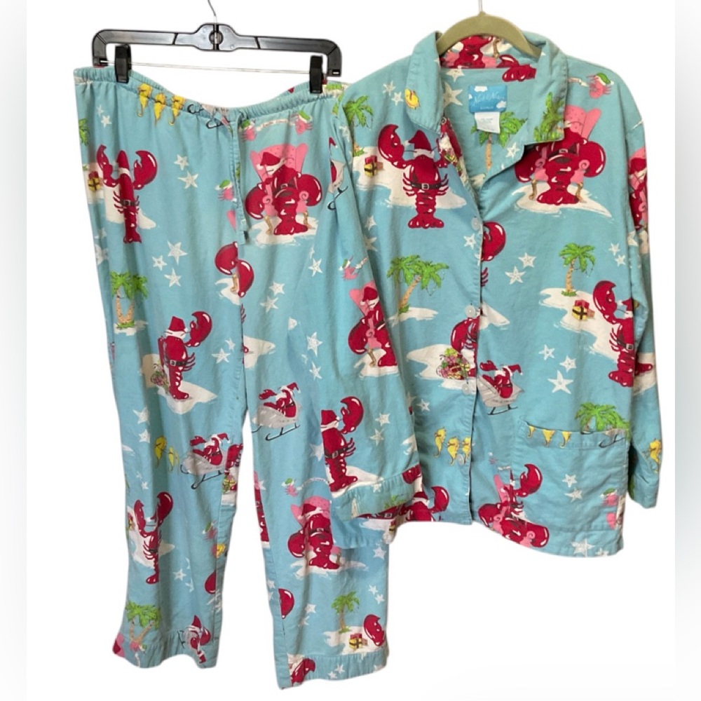 Nick & Nora Santa Lobster Claws Pajama Pants Women’s Size L Blue Christmas